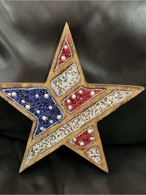 Patriotic Wood and Beaded Red White and Bluer Star, Table Decor - Patriotic Star